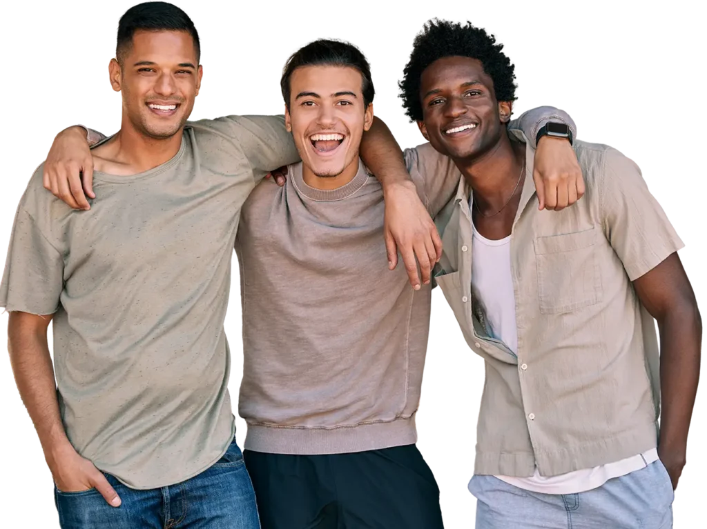 three diverse men showing support for each other